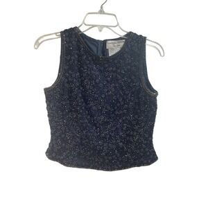 Papell Boutique Evening Top Straps 100% Silk Shell, Beaded Design, Navy, P6 WMNS